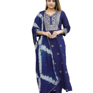 Fabric Slub Cotton Work Printed Masline Emri Blue Set 3-piece