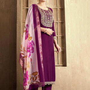 Fabric Rayon Slub Chanderi with Digital Deep Wine Print Set 3-piece