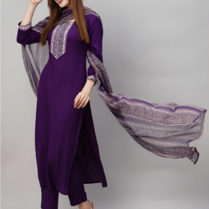 Fabric Rayon Slub Chanderi with Digital Deep Purple Print Set 3-piece