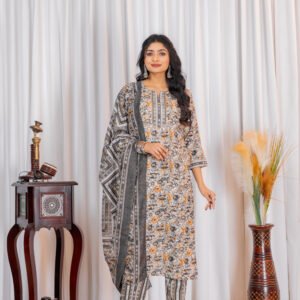 Fabric Slub Cotton Printed Masline Ossi Grey Set 3-piece