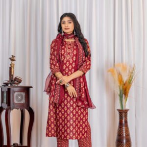 Fabric Slub Cotton Printed Masline Mirja Maroon Set 3-piece