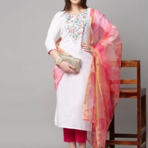 Fabric Slub Cotton Plain Printed Masline Chola White Set 3-piece