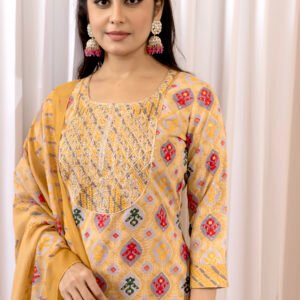 Fabric Slub Cotton Printed Masline Mustird Giloni Set 3-piece