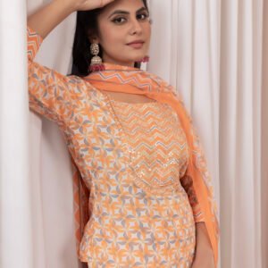 Fabric Slub Cotton Printed  Printed Masline Flowchecks Orange Set 3-piece