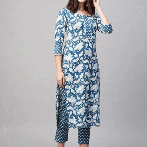Fabric Slub Cotton Printed Pushtak blue Set 2-piece